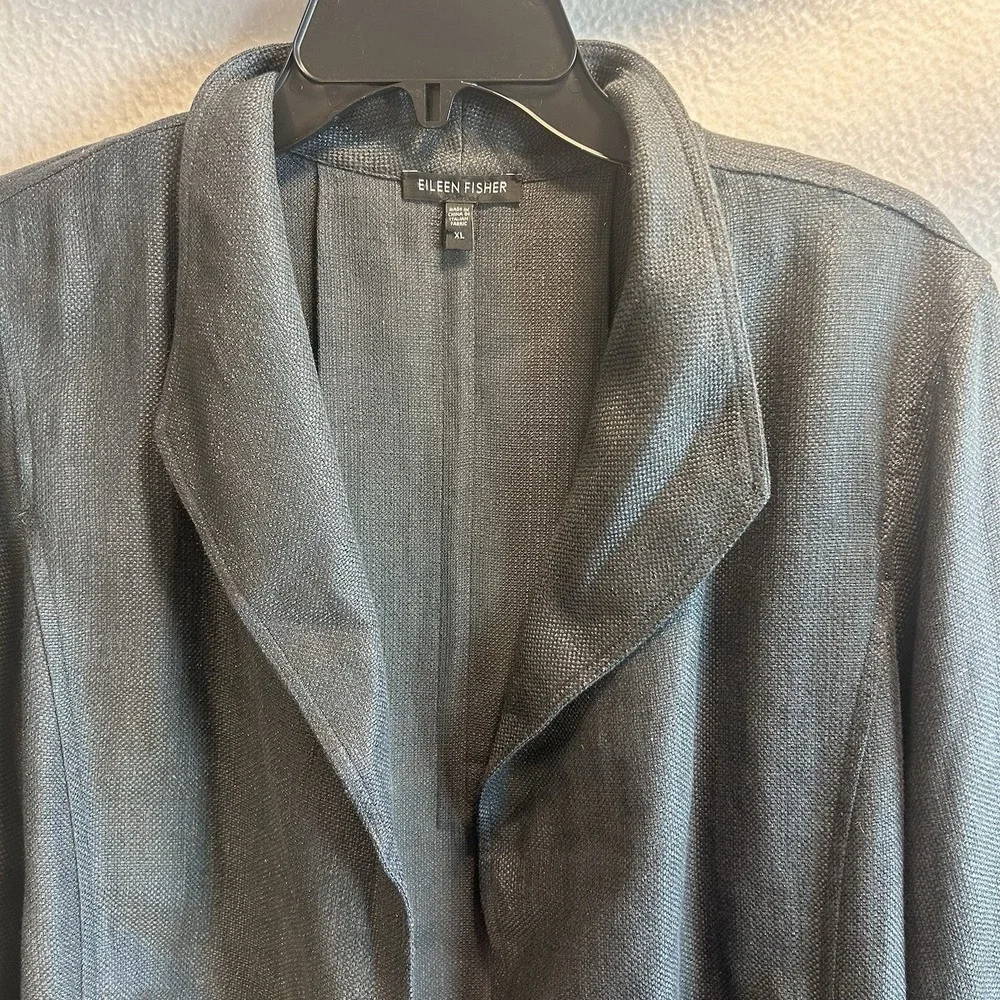 Eileen Fisher Open Front Blazer Jacket Long Sleeve Gray XL Woven Linen Blend EUC